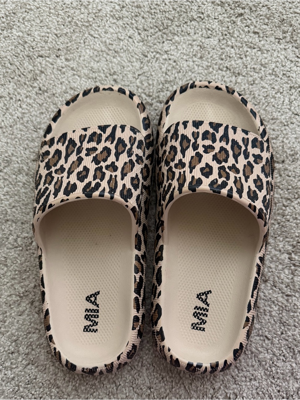 MIA Leopard Print Slide Sandals in Beige and Black